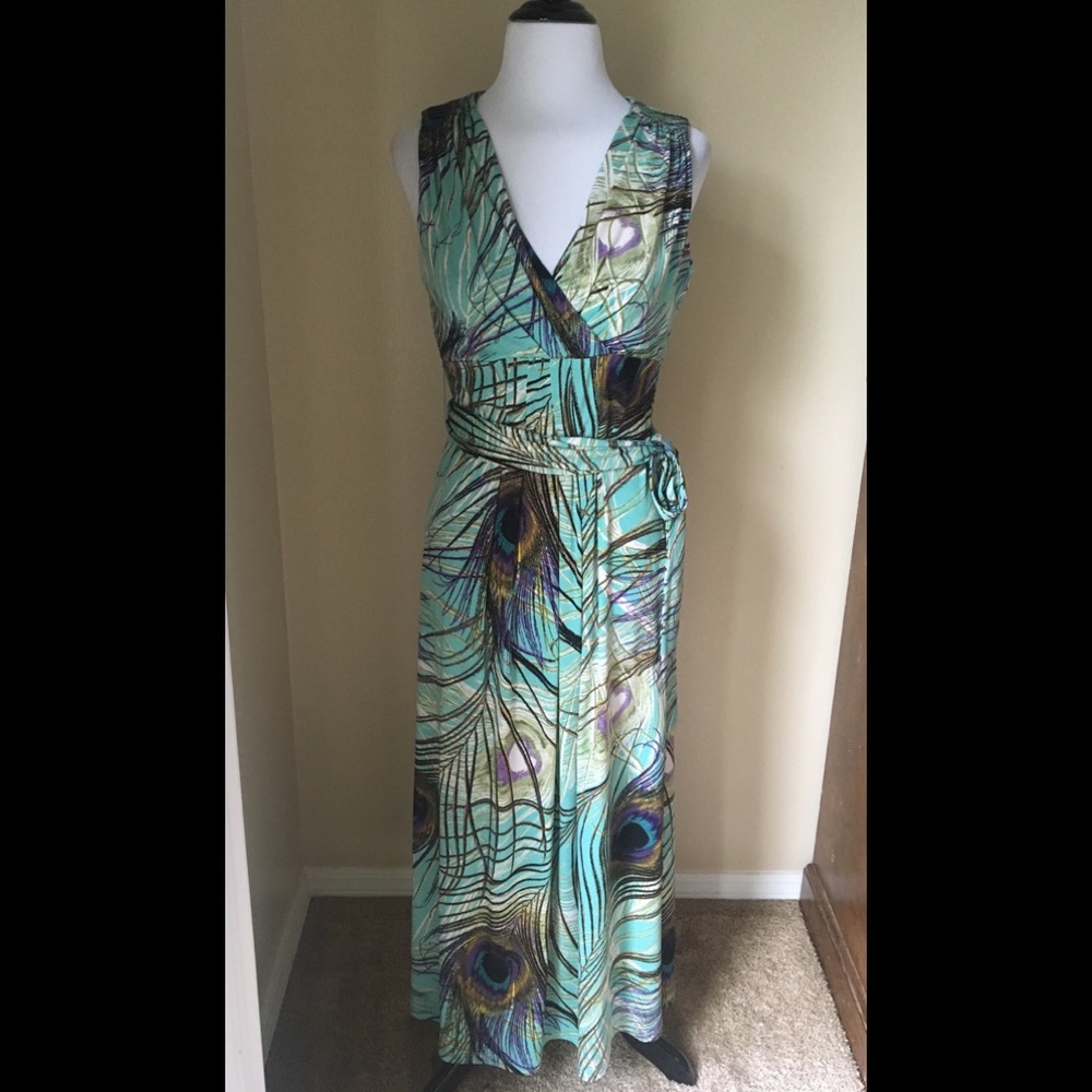 🌴👗Kasper Peacock Feather Print Maxi 👗🌴